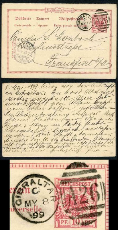 Gibraltar 1899 Germany 10pf reply card used to Frankfurt