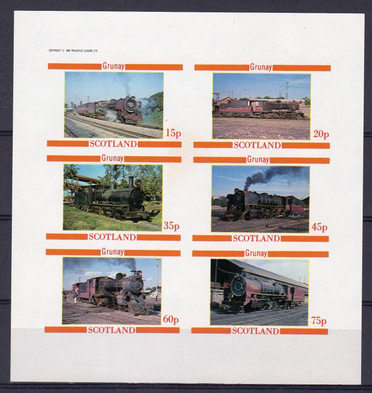 Grunay (Scotland) 1982 LOCOMOTIVES/TRAINS Sheetlet (6) IMPERFORATED MNH