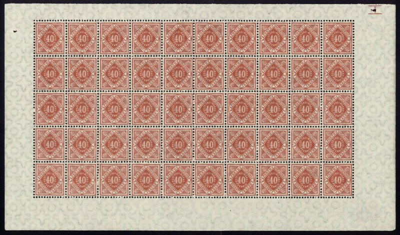 w2 Wurttemberg Scott #O26 40pf rose red Mint OG NH full pane of 50. Scarce!