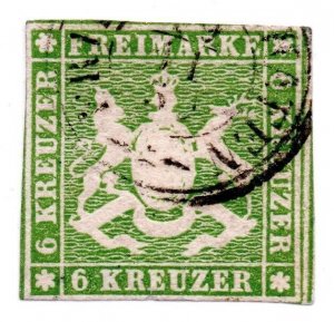 German States Stamps Wurttemberg 6 Kreuzer With Silk Thread Imperf. SG15