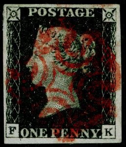 GB 1840 SG2, 1d black PLATE 6, FINE USED. Cat £400. RED MX. 4 MARGINS. FK