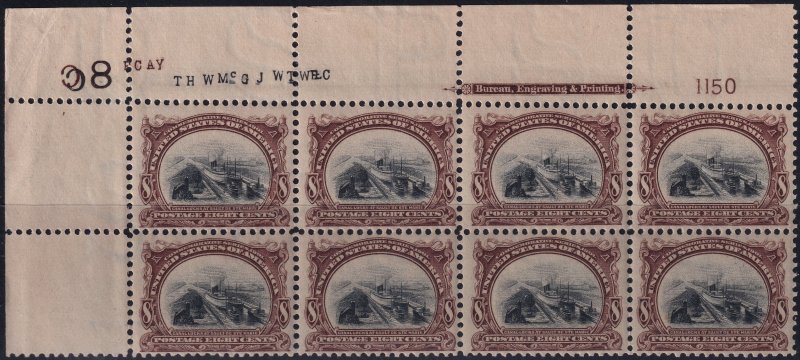 #298 Mint NH, VF, PLate number block of 8, imprint (CV $6,460) (CV $230 - ID4...