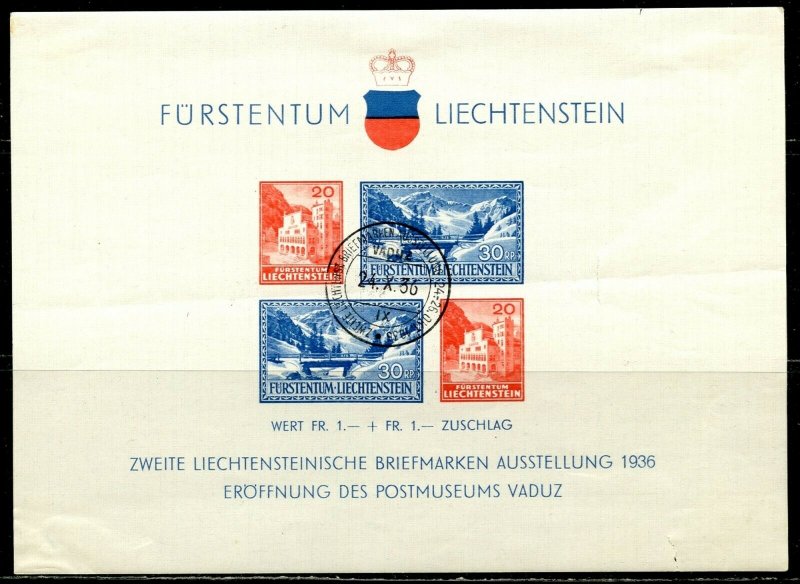 LIECHTENSTEIN Sc#B14 1936 Postal Museum Souvenir Sheet Cancelled with Faults