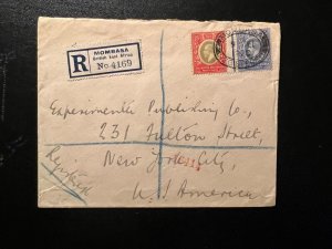 1920 Registered British East Africa Cover Mombasa to New York NY USA