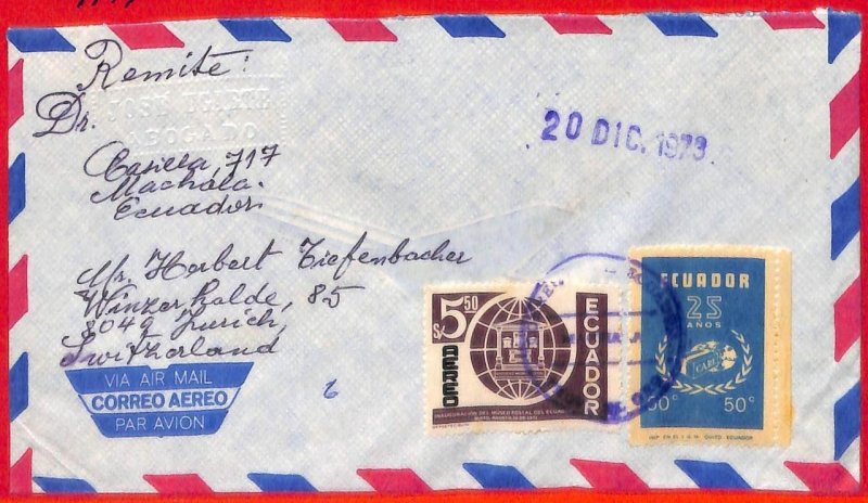 aa2634 - ECUADOR - POSTAL HISTORY - AIRMAIL COVER to SWITZERLAND - 1973