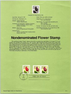 USPS SOUVENIR PAGE NONDENOMINATED FLOWER STAMP F RATE SINGLE & COIL PAIR 1991