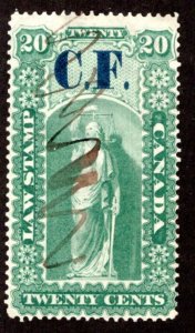 van Dam OL3, 20c used, C.F. o/p, Ontario Law Revenue Stamp, Canada