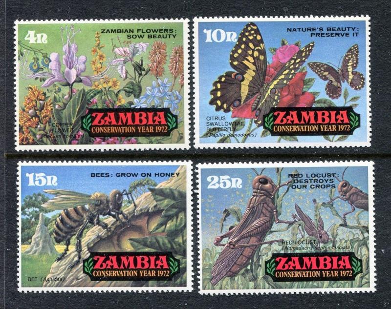 Zambia 86-89, MNH, Conservation Year 1972: Flowers, Bee, Butterflies, x28005