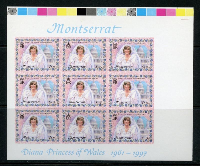 MONTSERRAT  PRINCESS DIANA ROYAL WEDDING IMPERFORATE SHEET OF NINE  $1.15 VALUE 