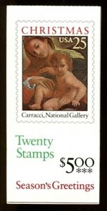 1989 25c Christmas, Caracci Madonna & Child Booklet of 20 Scott 2427a Mint VF NH
