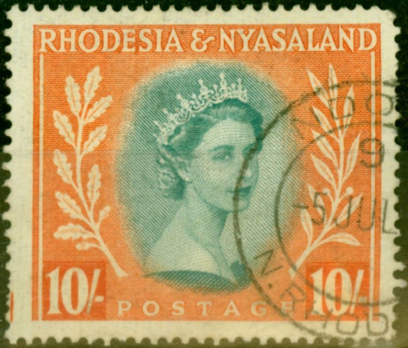 Rhodesia & Nyasaland 1954 10s Dull Blue-Green & Orange SG14 Good Used