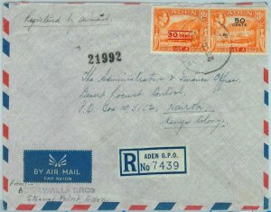 90559 -  ADEN - POSTAL HISTORY -  REGISTERED AirmaIL COVER  to  KENYA!  1952