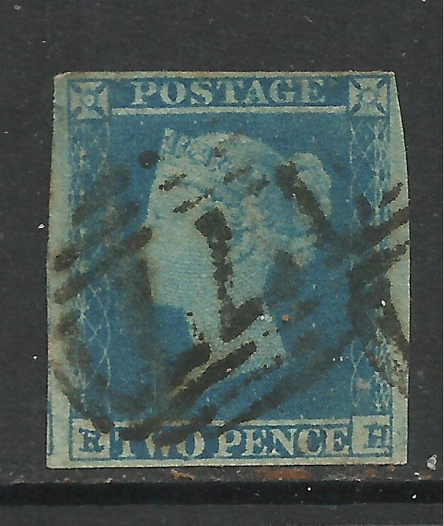 GB 1841 QV 2d Victoria Blue imperf  4 Margins ( R & H ) Wmk 2  Pmk77.(A414)