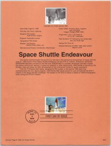 USPS SOUVENIR PAGE SPACE SHUTTLE ENDEAVOUR SPACE TRAVEL $10.75 FACE 1995