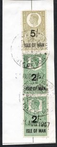 Isle of Man KGVI 2 x 2/- and 5/- Key Plate Type Revenues CDS on Piece