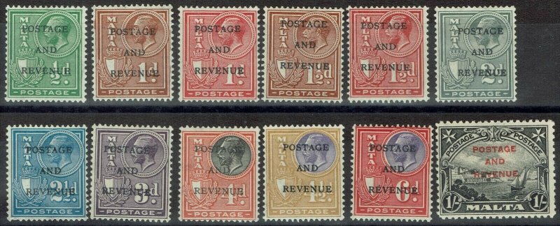 MALTA 1928 KGV PICTORIAL RANGE TO 1/- OVERPRINTED POSTAGE AND REVENUE