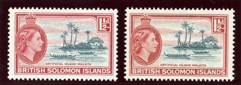 Solomon Islands 1956 QEII 1½d in the two listed shades superb MNH. SG 84,84a.