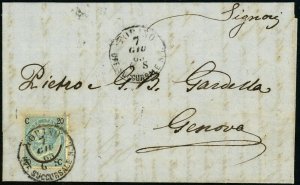 Italy Turin to Genoa #34 Type III Postage 1865 Europe Backstamped Cover w Letter