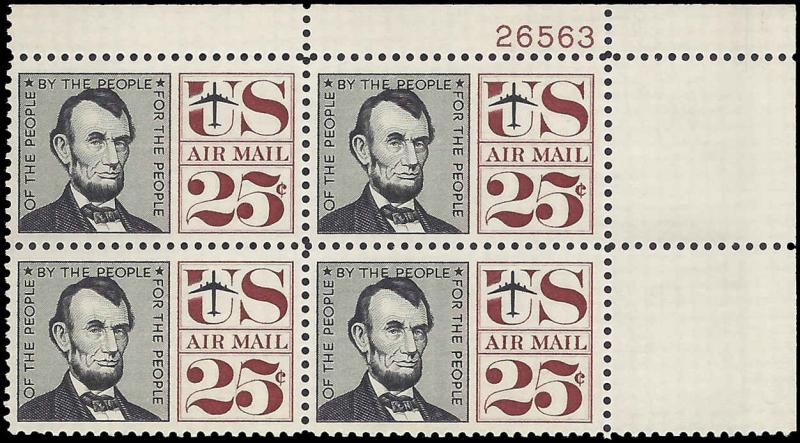 US #C59 25¢ ABRAHAM LINCOLN MNH UR PLATE BLOCK #26563 DURLAND $2.50