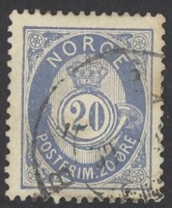 Norway Sc# 44 Used 1886 20o blue Post Horn & Crown