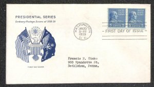 USA #845 (PAIR) PREXY COIL STAMPS CACHETED FDC FIRST DAY COVER 1939