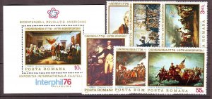 ROMANIA Sc 2603-9 MNH SET+S/S of 1976 - ART - AMERICAN HISTORY