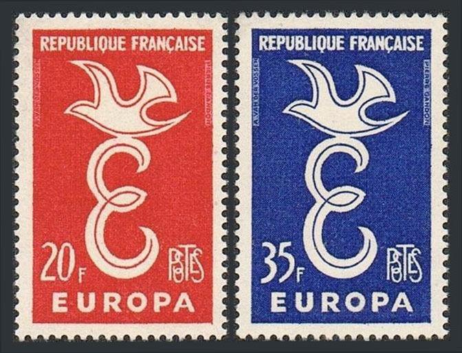 France 889-890, MNH. EUROPA CEPT. E and dove, 1958