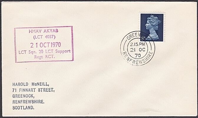 GB SCOTLAND 197o Greenock cover - navy vessel HMAV AKYAB cachet.............x973