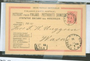 Finland  mobile post office cancel low right 1888, on upu postal card