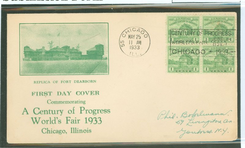 US 728 1933 1c Fort Dearborn (Century of Progress) block of four on an addressed first day cover with a Hacker cachet.