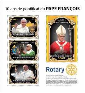 DJIBUTI - 2023 - Pope Francis, 10th Anniv - Perf 4v Sheet -Mint Never Hinged