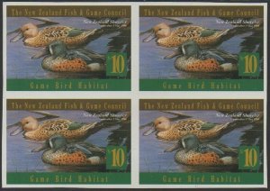 NZ Fish and Game Council 1996 $10 Shoveler IMPERFORATE block of 4 MNH