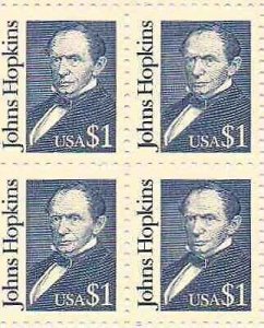 1989 Johns Hopkins Block of 4 $1 Postage Stamps, Sc#2194, MNH, OG