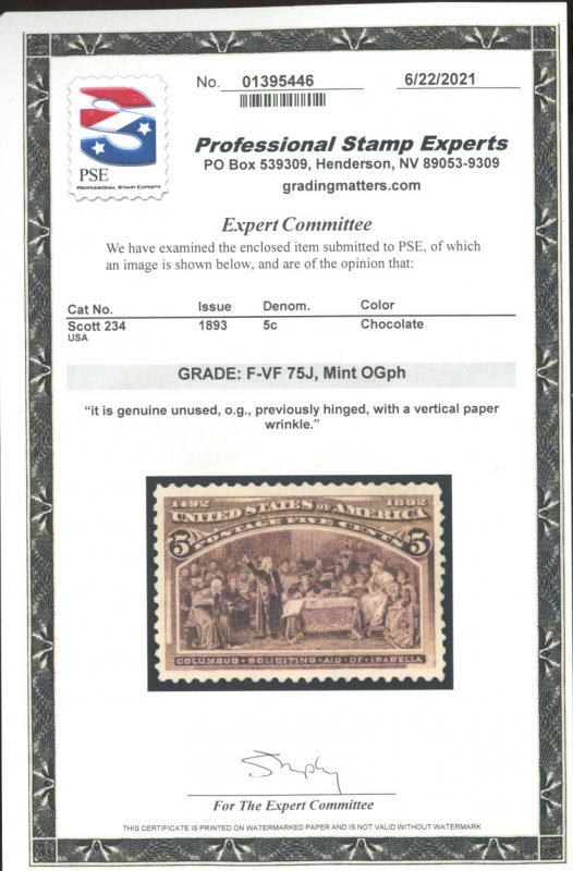 U.S. #234 MINT WITH PSE CERT F-VF 75J