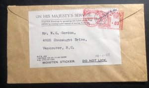 1945 Vancouver Canada On His Majesty Service Meter Cancel cover Locally Used