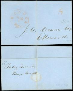 1850 Stampless Red MAR 1 BANGOR MAINE, 5 H/S - J A DEANE, Ellsworth ME w ENCL!