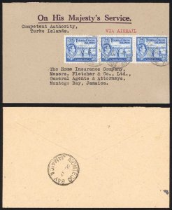 Turks and Caicos KGVI 3d Strip on OMHS Cover to Jamaica