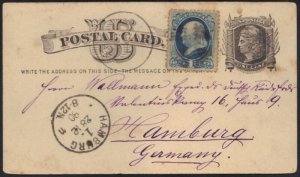 US 1880 UPRATED 1¢ CARD WITH SCOTT 182 WASH. TO HAMBURG