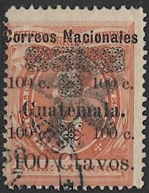 GUATAMALA 1886 Sc 29c 100c/1p Used F, Guatamala 23mm wide variety