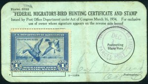 RW1 1934 FEDERAL DUCK  FORM 3333 PORTLAND, OR PARCEL POST DEC 1, 1934 REG $1295.