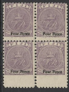 SG 42 Fiji 1878-99 4d on 2d Pale mauve a fine fresh unmounted mint block of 4 CA