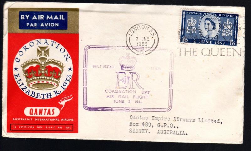 1953 London England to Sydney Australia Queen Elizabeth II Coronation Cover