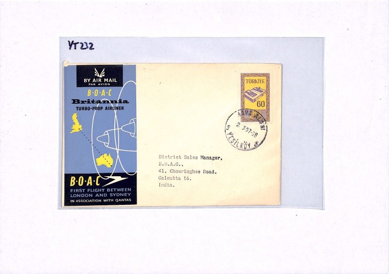 TURKEY Air Mail 1957 Cover BOAC BRITANNIA FIRST FLIGHT INDIA Yeşilköy YT232