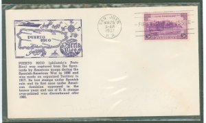 US 801 1937 Puerto Rico celebration single on addressed (Pencil-erased) FDC with a Parson's Aubry cachet
