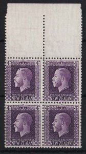 New Zealand 1915 4d bright violet p14x13½ sg422 unmounted mint marginal block