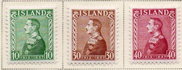 Iceland Sc 199-201 1937 25th Anniv Christian X stamp set mint