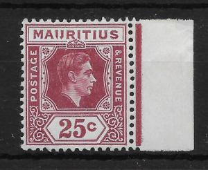 MAURITIUS SG259ba 1942 25c BROWN-PURPLE IJ FLAW MTD MINT