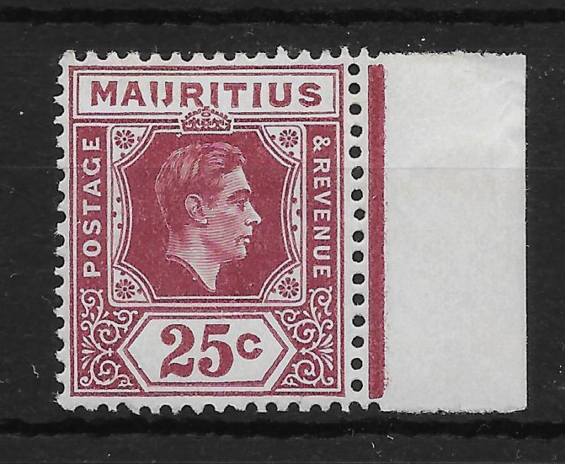 MAURITIUS SG259ba 1942 25c BROWN-PURPLE IJ FLAW MTD MINT