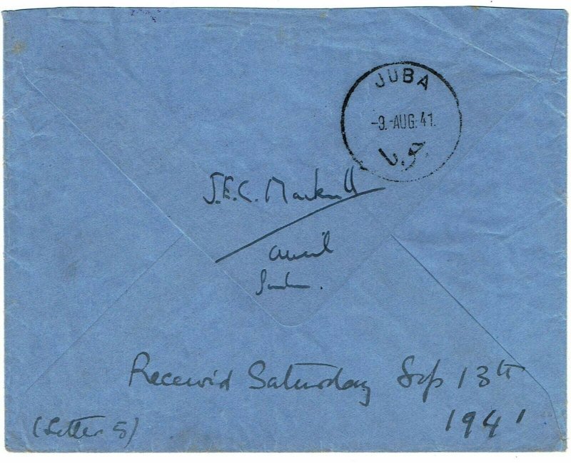 Sudan 1941 Wau cancel on airmail cover to England, A in circle censor h/s