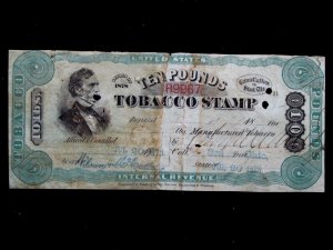 US - SCOTT# SCOTT# TF147B - TOBACCO STAMP 1878 SERIES - 10 POUNDS - USED